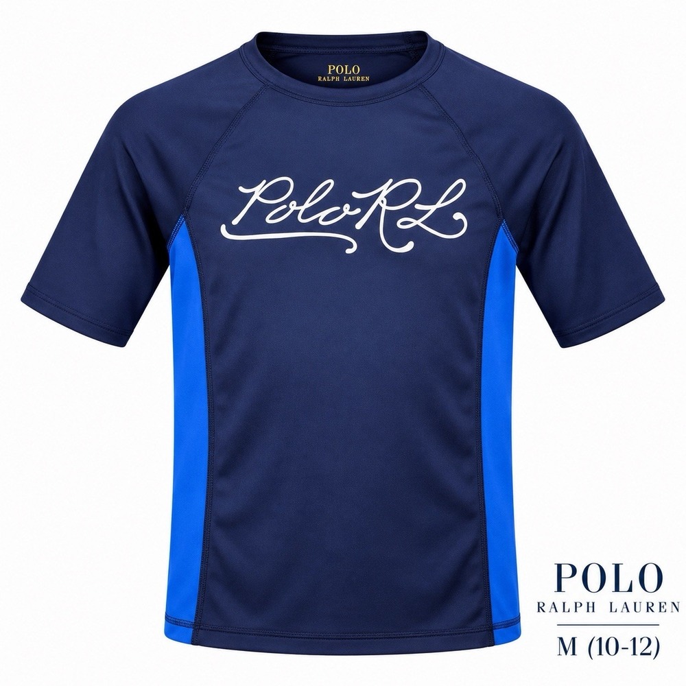 Polo Ralph Lauren Rash Guard Boys M 10-12 Navy Blue Swim Shirt Short Sleeve